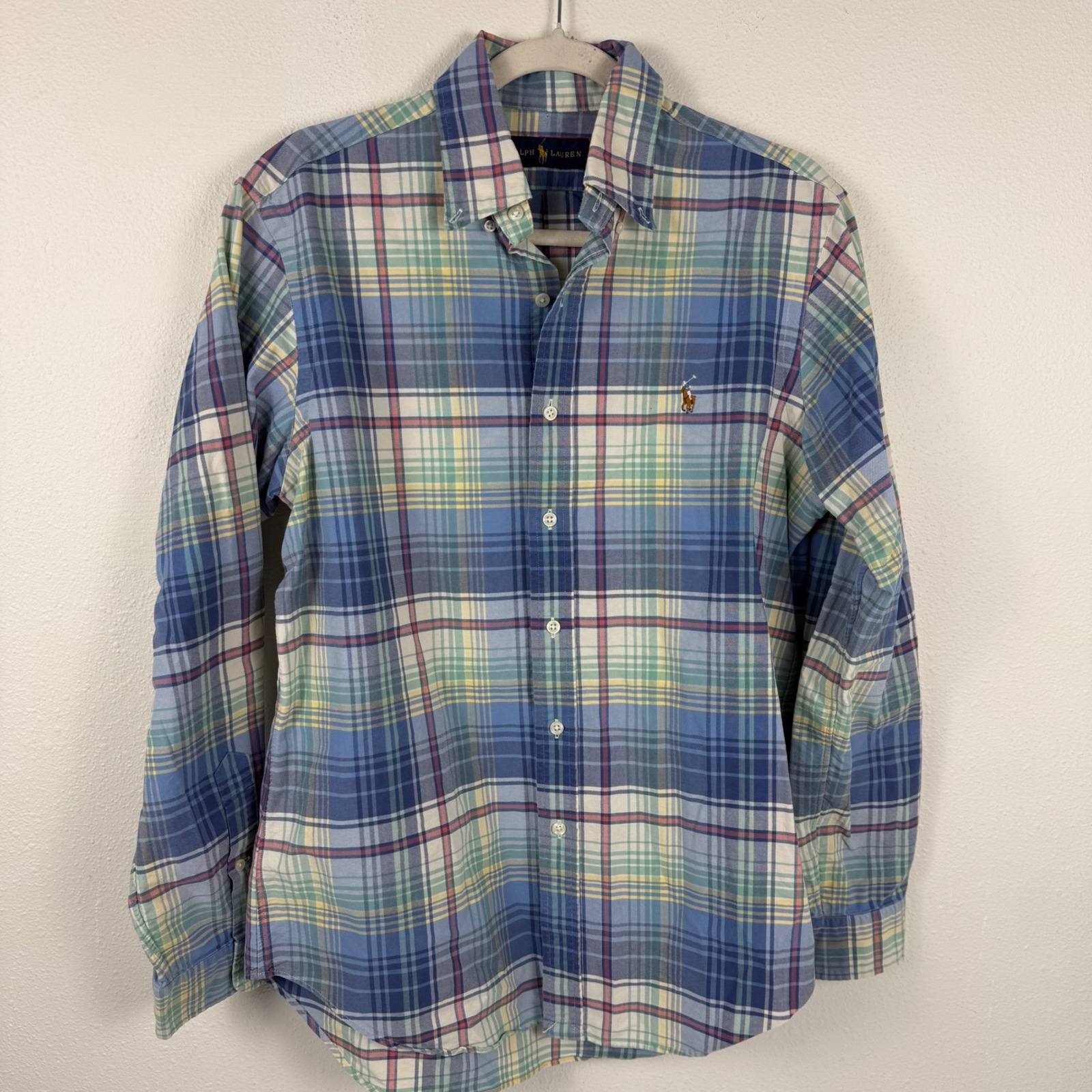 Ralph Lauren Mens Medium Blue Green Plaid Button Down Long Sleeve Shirt Cotton